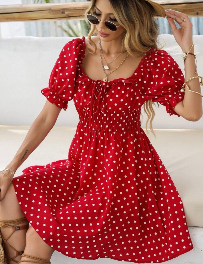 Polka Dot Tie Neck Pleated Dress main image 1