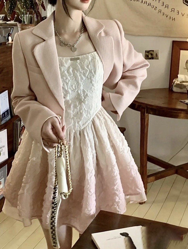 Two Piece Gradient Pink and White dress and jacket set