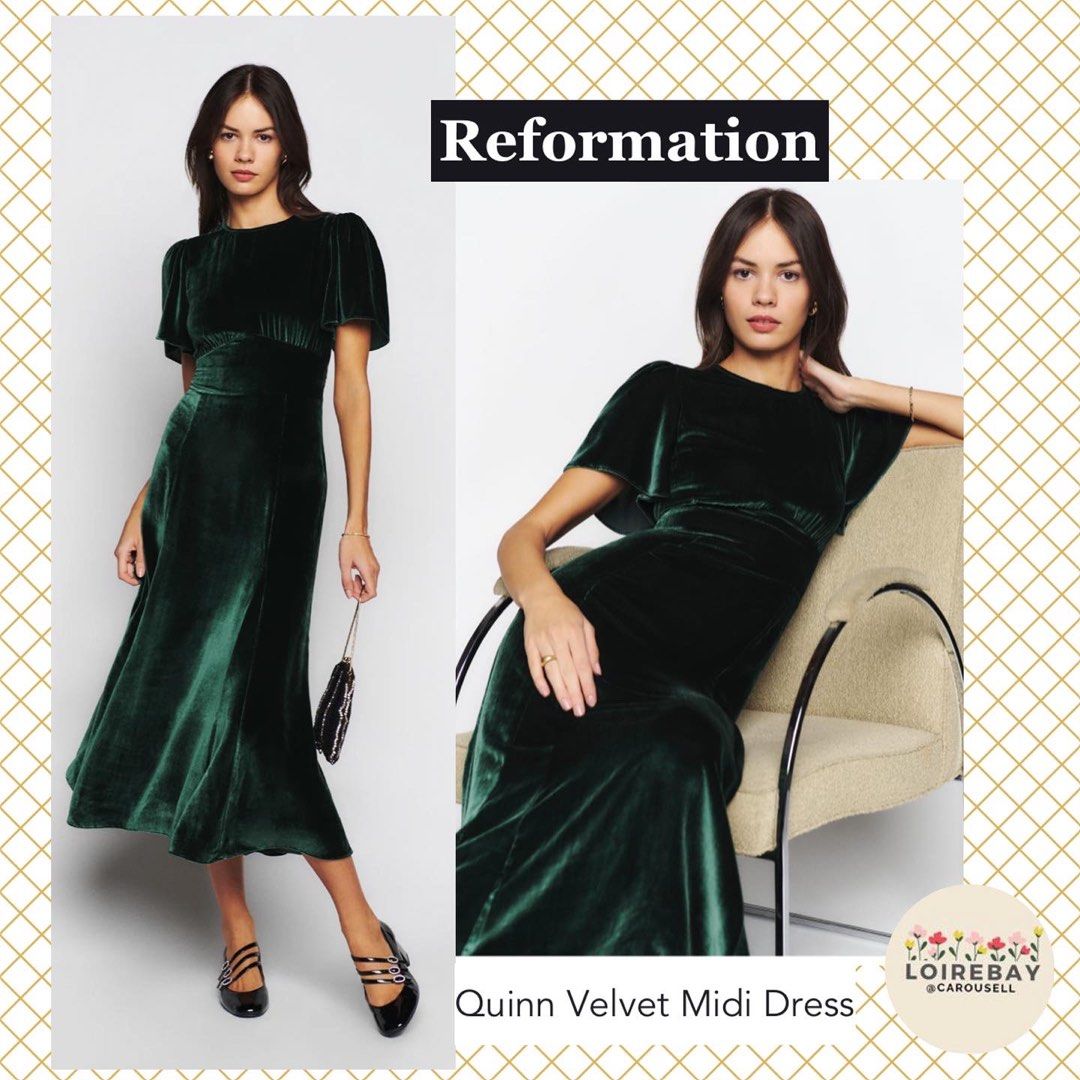US2/4)•Reformation Quinn Velvet Midi Emerald Green dress, Women's
