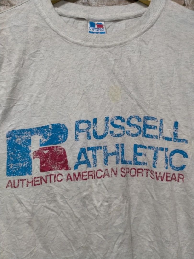 Vintage Russell Athletic Faded Paint Splatter Pocket T Shirt Blue