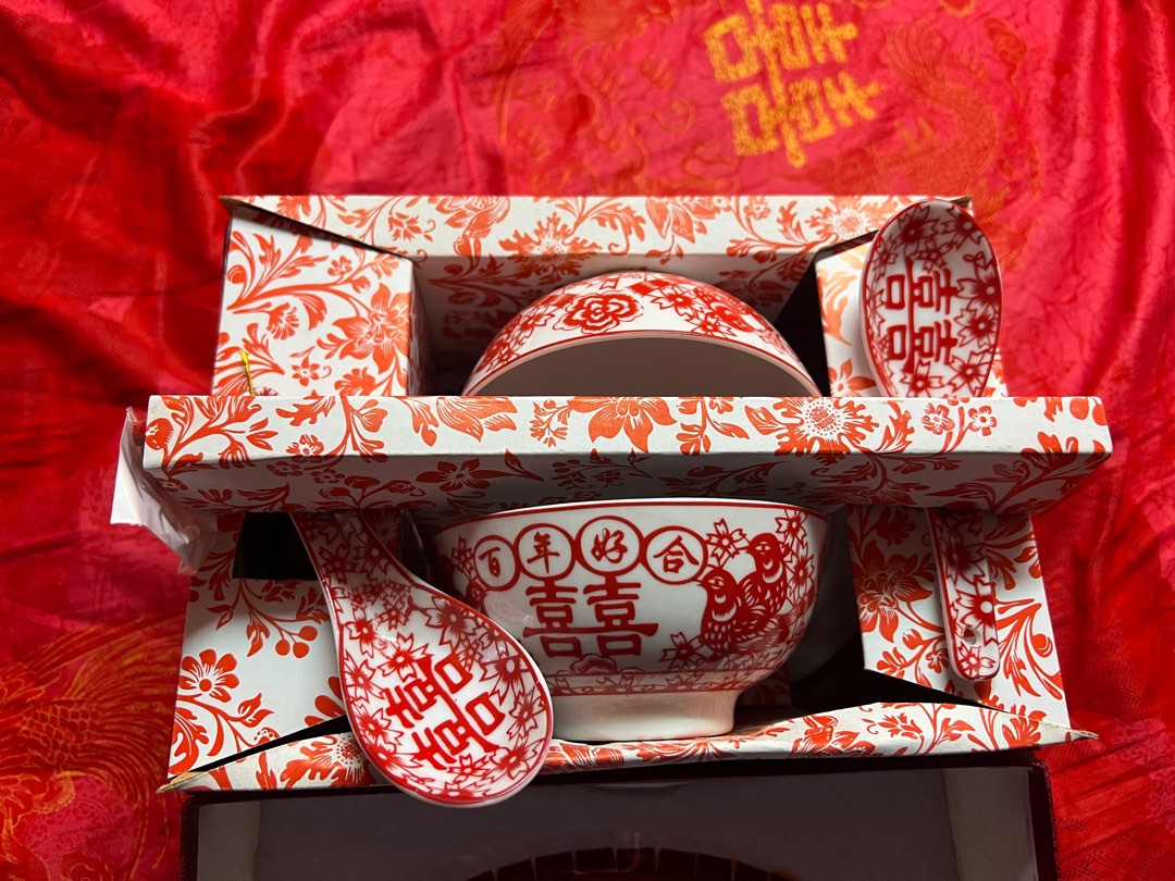 上頭用 囍字碗碟+筷子, 興趣及遊戲, 手作＆自家設計, 文具及工藝 - 節日佈置及裝飾 - Carousell