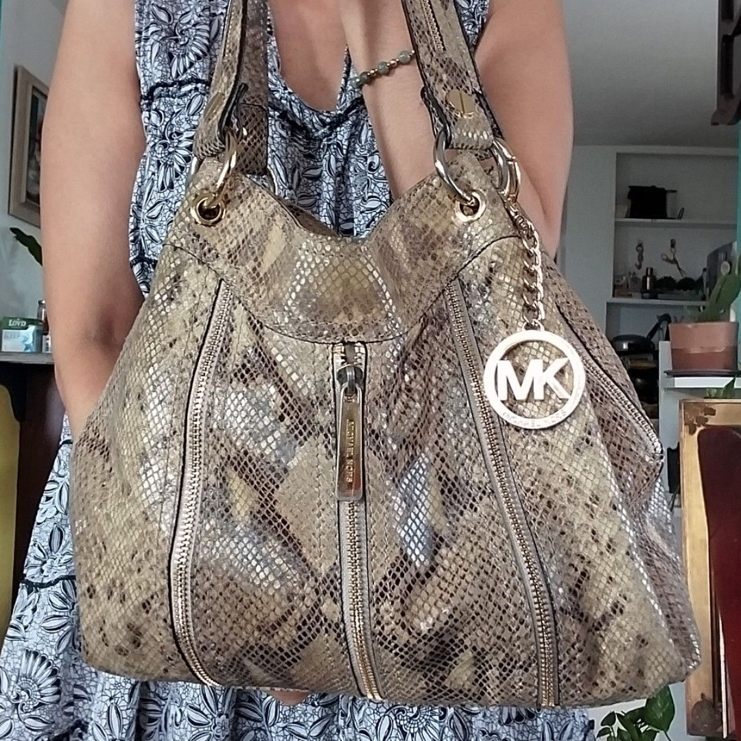 Michael Kors black snakeskin gold chain hardware tote purse, used