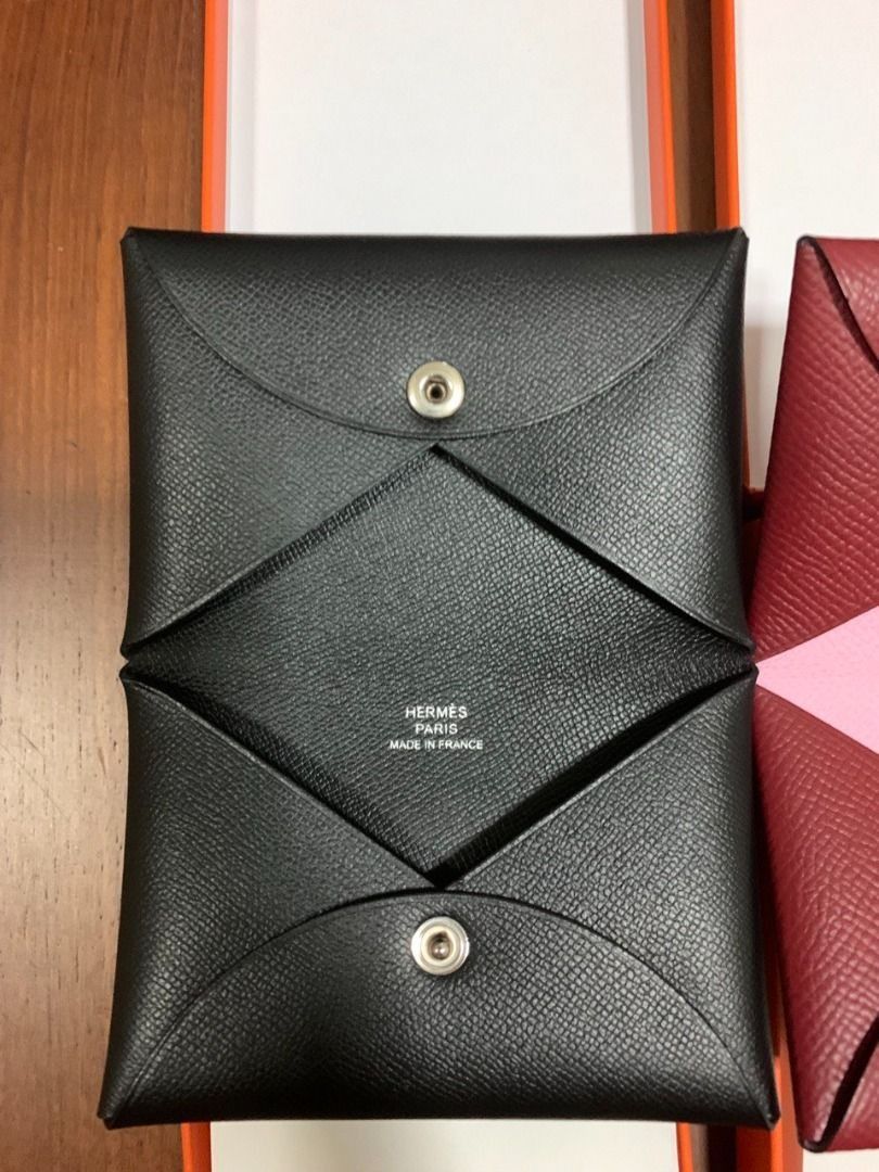 New Hermes Calvi Box Calf Black Card Wallet Leather