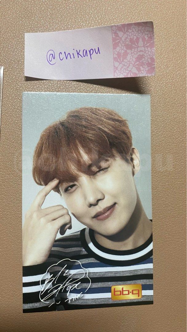 BTS Jhope BBQ photocard Rare PC (Category: K-Wave Merchandise) located in Quezon City. Submitted by gratc (Listing ID 1201210210, Image 1). Description: - 10/10 condition - this is from their advertisement for BBQ Chicken in Korea - pf is already included - message me for more photos :) Rfs: need funds, downsizing Mop: gcash/bdo/ubp Mod: grab/lalamove/ggx.