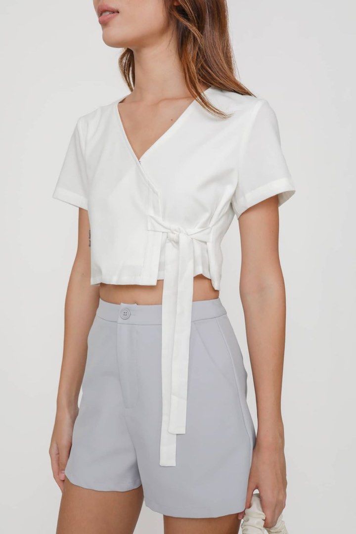 Calista Wrap Front Top in White, Women's Fashion, Tops, Blouses on Carousell
