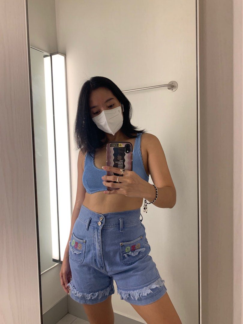 Y2k denim high waisted bermuda shorts with fringe details women s