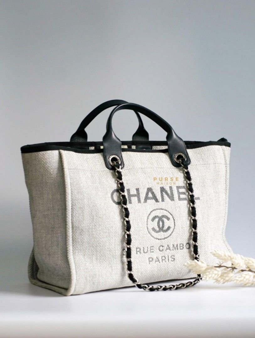 HOT* Chanel Beige, Black and White Raffia Deauville Tote Bag with Pas –  Sellier