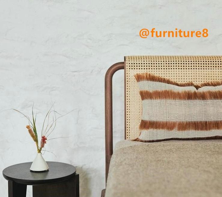 f80122 MATHURA Solid Wood Bed Frame with Rattan Headboard, Furniture