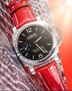 Handmade Hand-stitched Watch Strap in Ferrari Red Crocodile Leather For Client’s Panerai Luminor Marina PAM00588 Watch