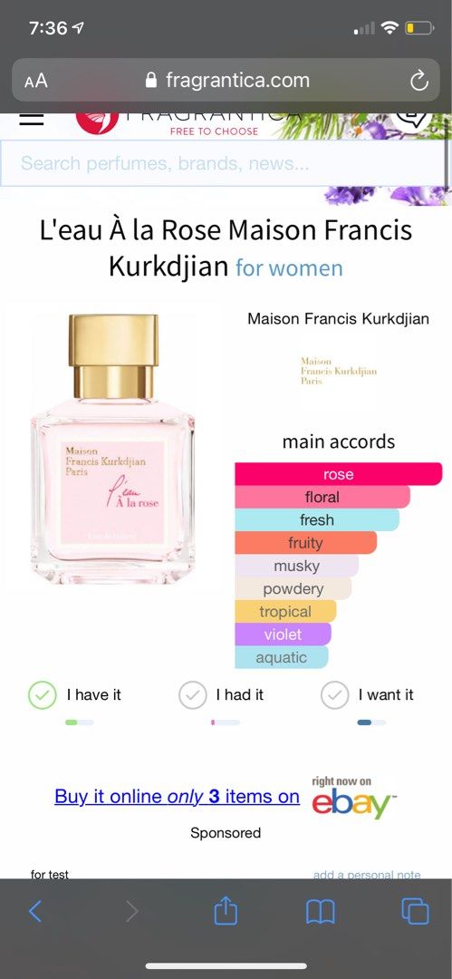 MFK L'eau A La Rose 70ml, Beauty Personal Care, Fragrance