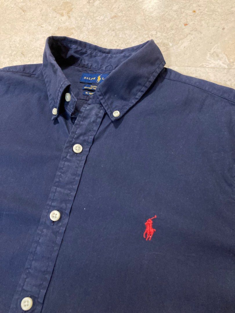 dark blue button down polo shirt