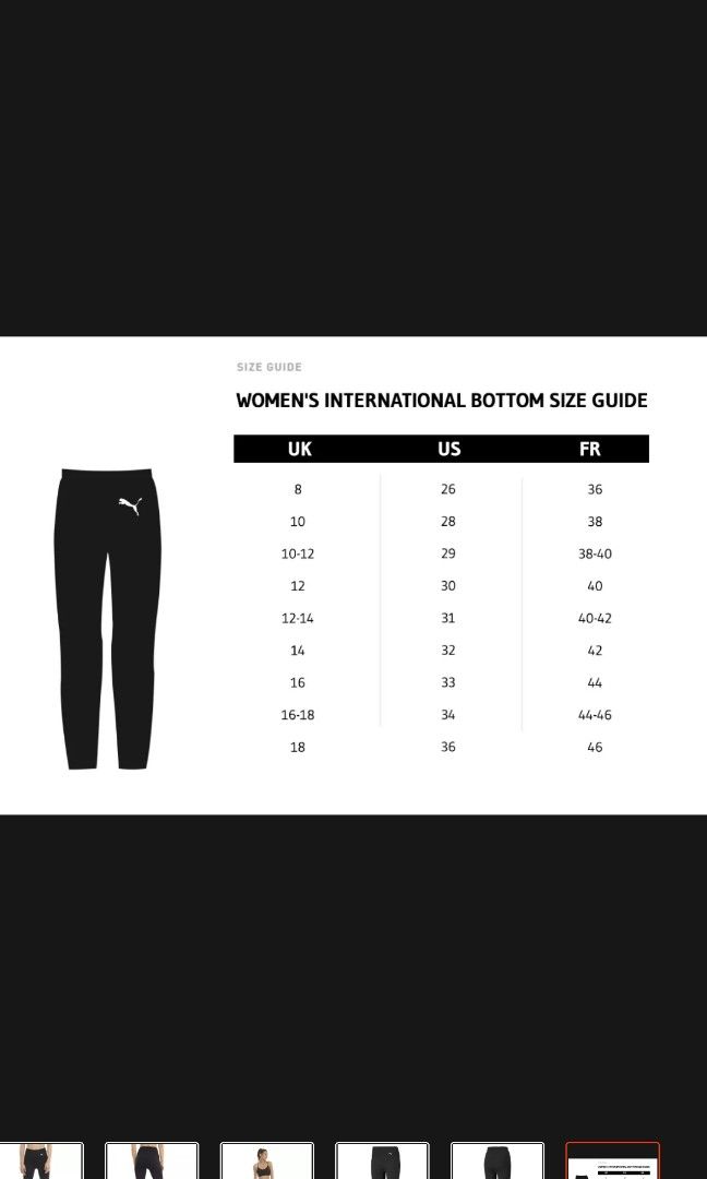 Puma tracksuit bottoms size chart top