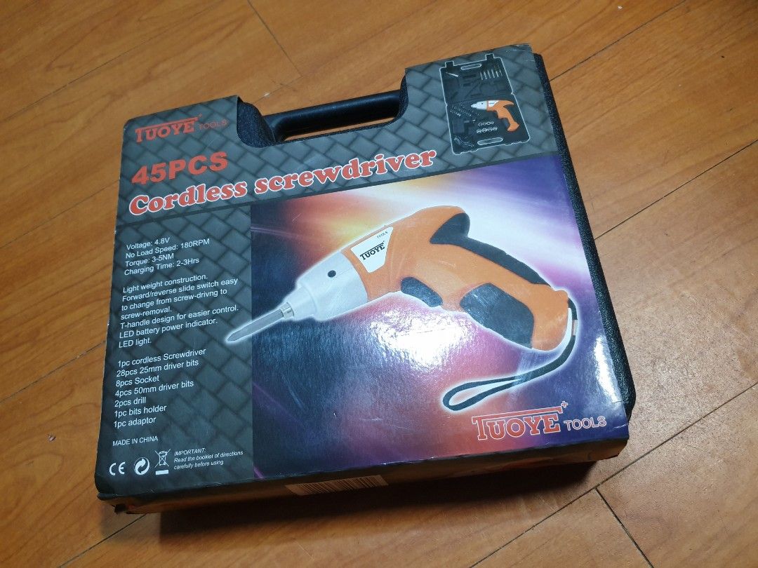 Rechargeable Cordless Screw driver (Category: Construction Tools & Equipment) located in Caloocan City. Submitted by mack.bay (Listing ID 1201188841, Image 3). Description: Tuoye Cordless Screwdriver Rechargeable Screwdriver with 45 attachment screw bits Ideal for Electronic Hobbyists Voltage: 4.8VDC Speed: 180RPM Torque: 3-5NM Charging time: 2-3 hrs. Lightweight Forward/Reverse slide switch T-Handle design for easier control LED Batt. power indi