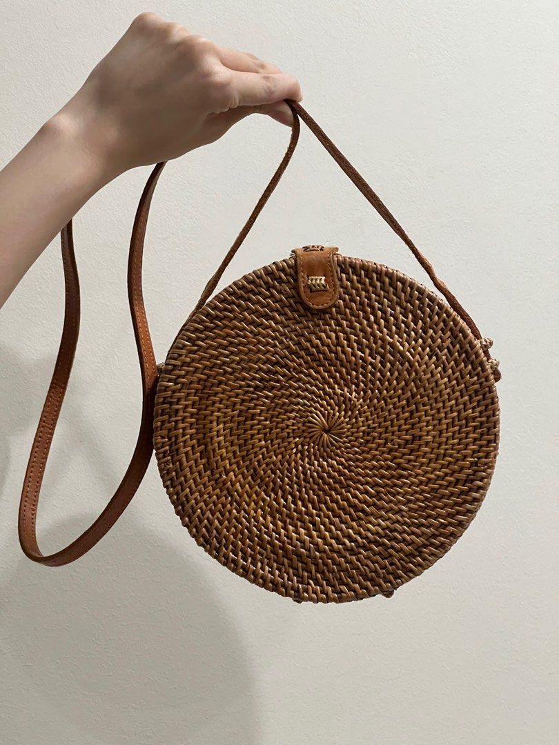 Round Rattan Sling Bag, Women's Fashion, Bags & Wallets, Beach Bags on