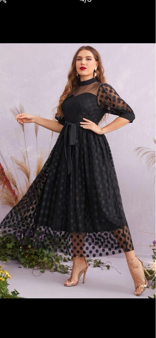 Shein black polka dot mesh belted dress plus size 1xl, Women's Fashion,  Dresses & Sets, Dresses on Carousell