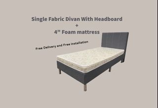 single fabric divan with headboard including mattress . available single size . Free delivery and Free installation. All bed frame and mattress are brand new..
