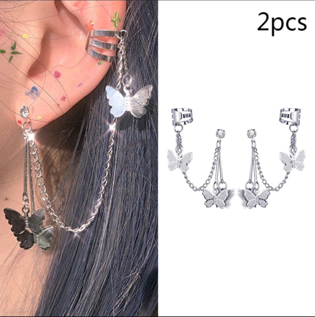 y2k aesthetic silver ear clip earrings set