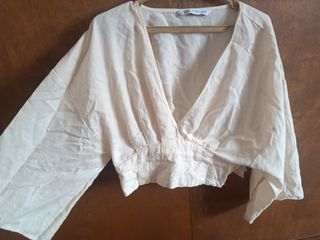 Zara Linen Kimono Sleeve Crop Top