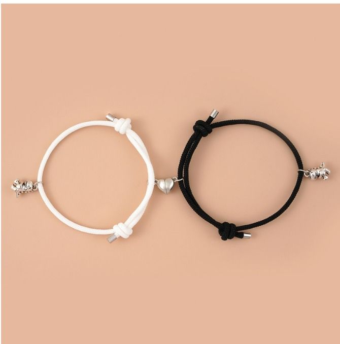 2Pcs Set Cute Small Dinosaur Pendant Bracelets Magnetic Heart Couples Distance Matching Bracelets Couple Bracelets for Lover