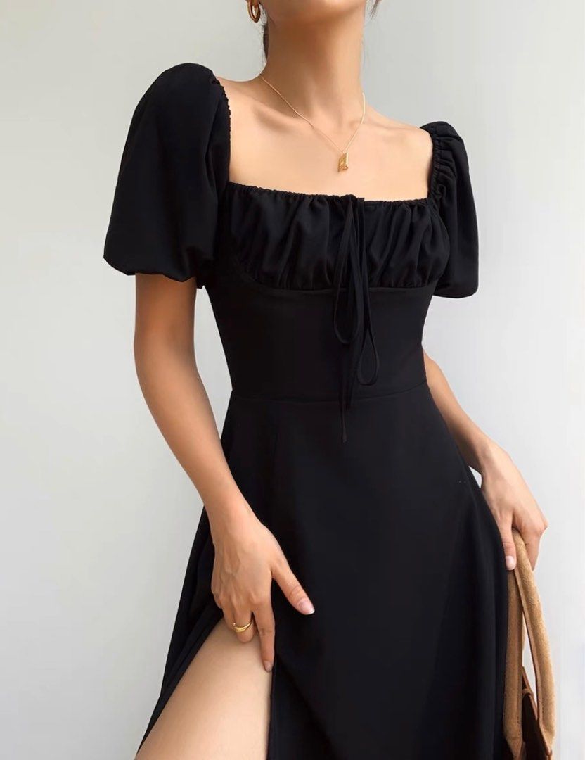 black puffy sleeves midi slit dress, Women's Fashion, Dresses & Sets ...