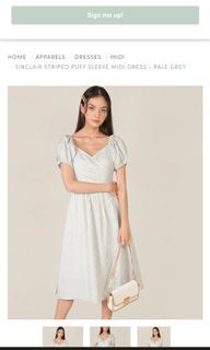 BNWT HVV Sinclair Striped Puff Sleeve Midi Dress - Pale Grey