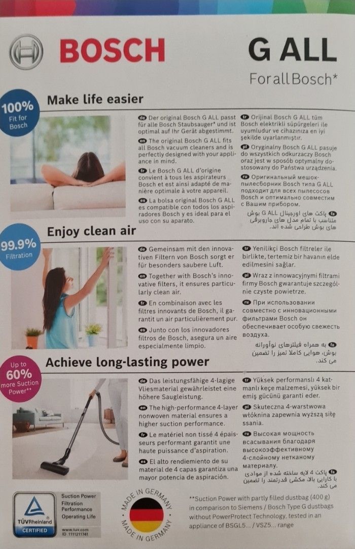 Bosch G ALL Vacuum Bags, Furniture & Home Living, Cleaning & Homecare