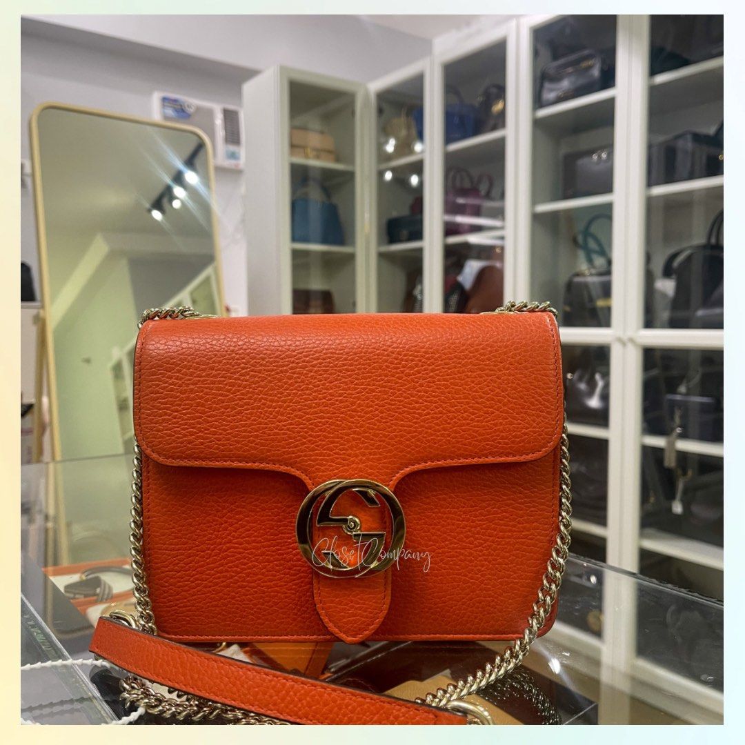 Gucci Interlocking G Sun Orange Leather Chain Crossbody Shoulder Bag