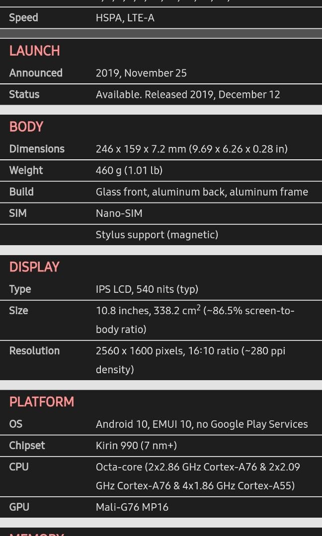 Huawei Matepad Pro (Category: Android) located in Paranaque City. Submitted by lisaaa24 (Listing ID 1201260564, Image 2). Description: Huawei Matepad Pro 128GB internal memory Other specs in picture No internal issues; external issues in pictures RFS: Upgrade to ipad air 5th gen Price negotiable. Shipping to be handled by buyer..