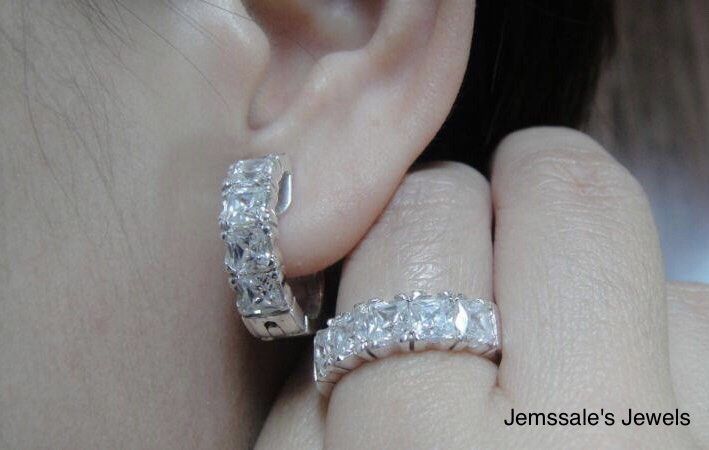 jem Princess Cut Half Eternity Diamond Creolla Earrings Ring Jewelry Set in Fine Silver Handcrafted