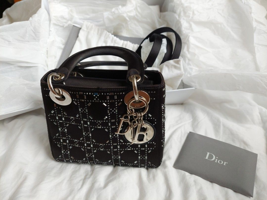 Christian Dior Mini Lady Dior Crystal Embellished Satin Shoulder Bag Gray
