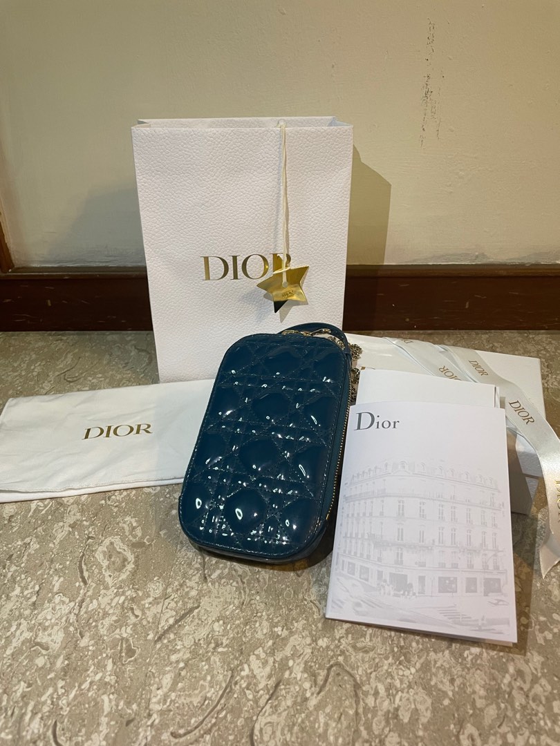 Lady Dior Phone Holder Placid Blue Patent Cannage Calfskin