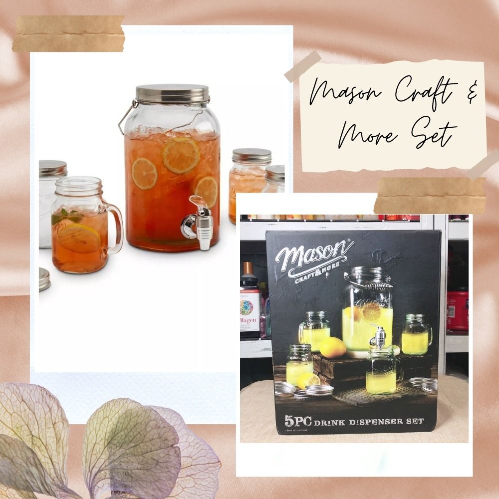 Mason Craft & More Mason Craft and More 5PC Glass Beverage Dispenser Set, Clear Glass, Leak-proof Spigot, Metal Lids