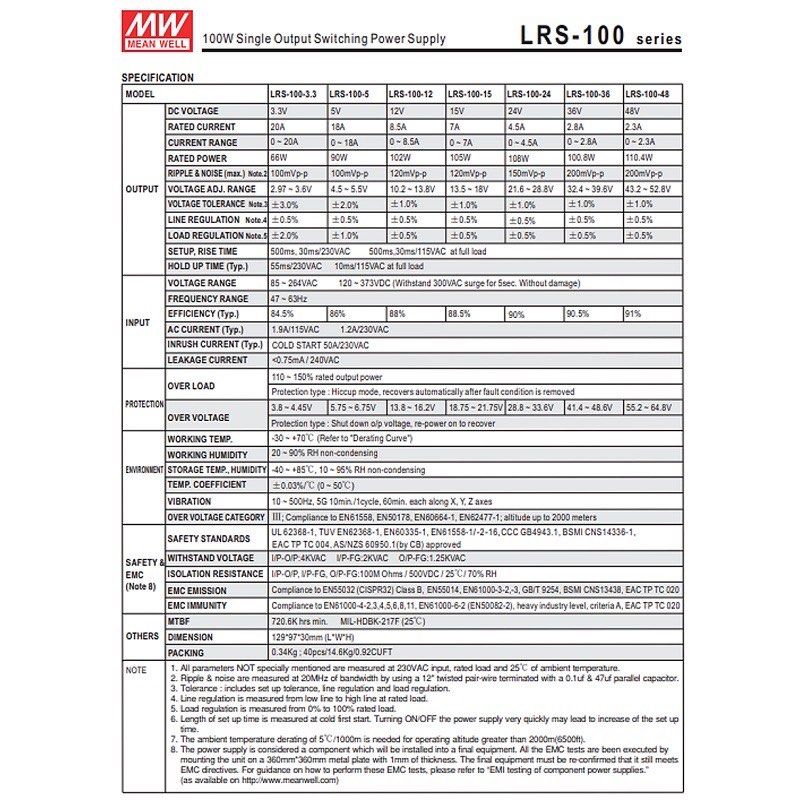 Mean Well LRS Series (LRS-100) LRS-100-12 MeanWell Industrial Panel Mount Switching Power Supply - 102W 12V 8.5A SMPS63226184569986112