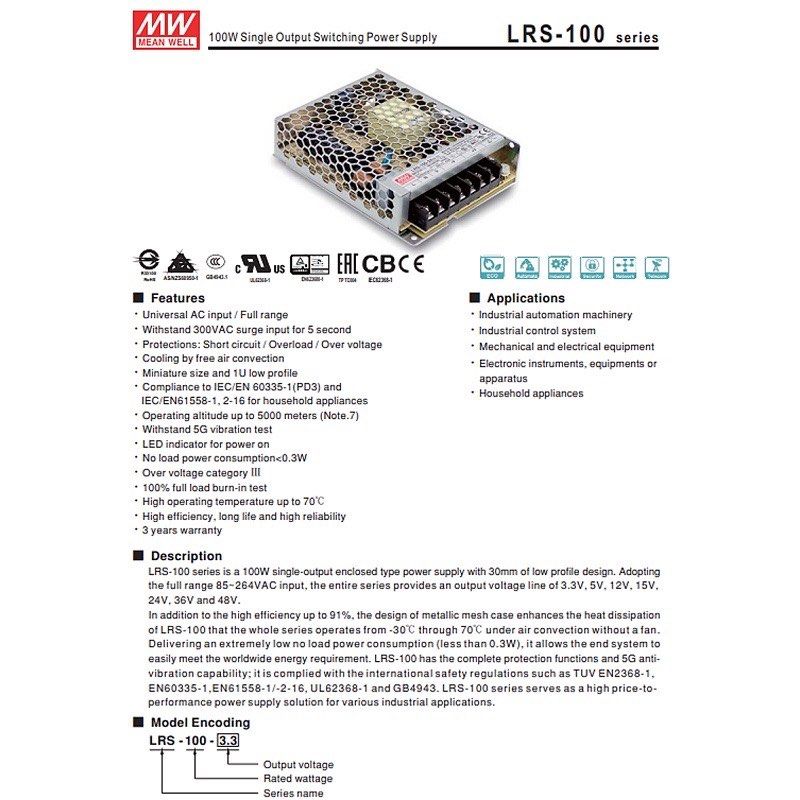 Mean Well LRS Series (LRS-100) LRS-100-12 MeanWell Industrial Panel Mount Switching Power Supply - 102W 12V 8.5A SMPS63226184569986111