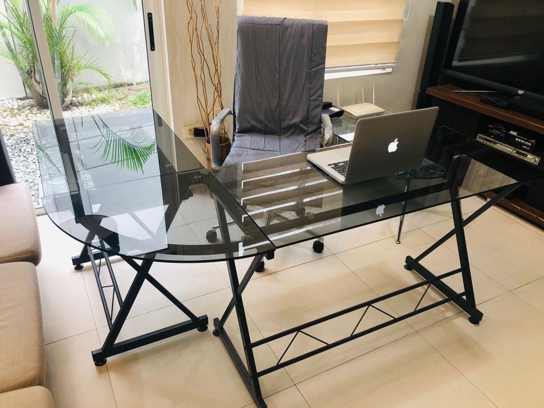 Mecor LShaped Computer Table Office & Home Desk (Tempered Transparent