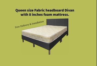 Queen size Fabric headboard Divan with 8 inches mattress.. Free Delivery in same Days..