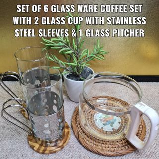 SET OF 6 GLASS WARE COFFEE SET WITH 2 GLASS CUP WITH STAINLESS STEEL SLEEVES & 1 GLASS PITCHER