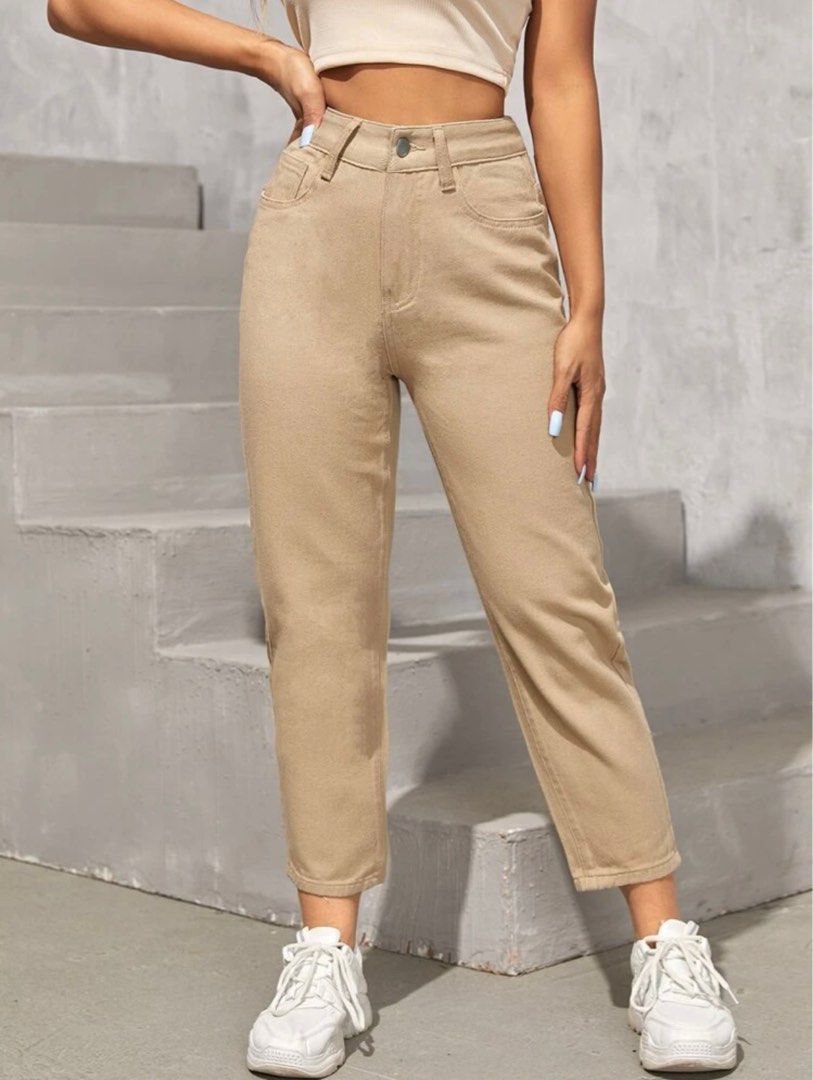 SHEIN | High Waisted Mom Jeans in Khaki, Women's Fashion, Bottoms, Jeans u0026  Leggings on Carousell