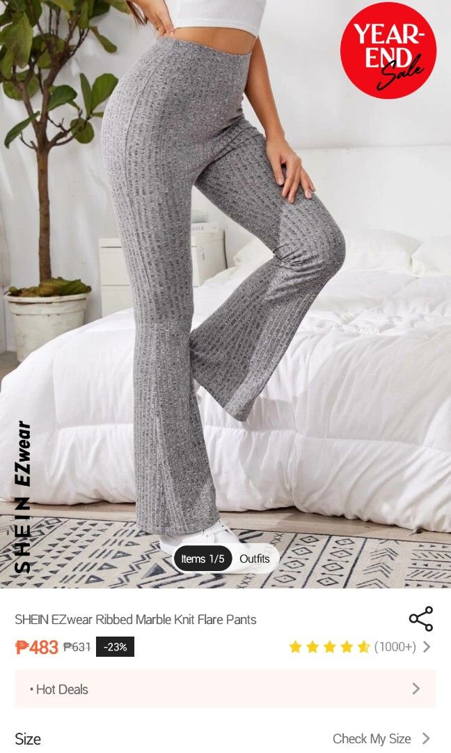 SHEIN EZwear Ribbed Marble Knit Flare Pants, Women's Fashion