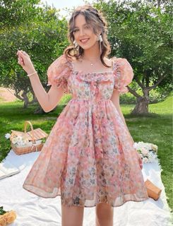 Square Neck Floral Print Puff Sleeve Knot Front Mesh Dress