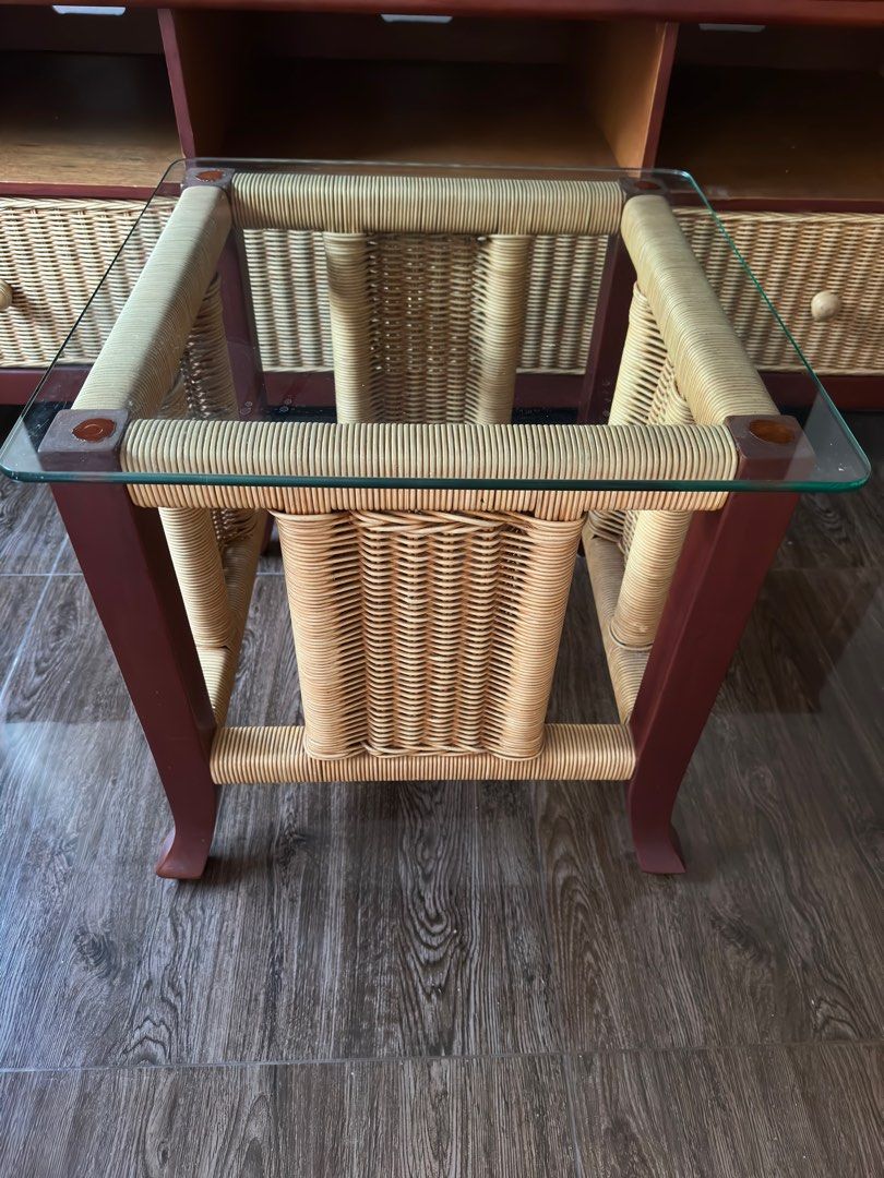 Teakwood and Ratan Tv console and side coffee table set, Furniture