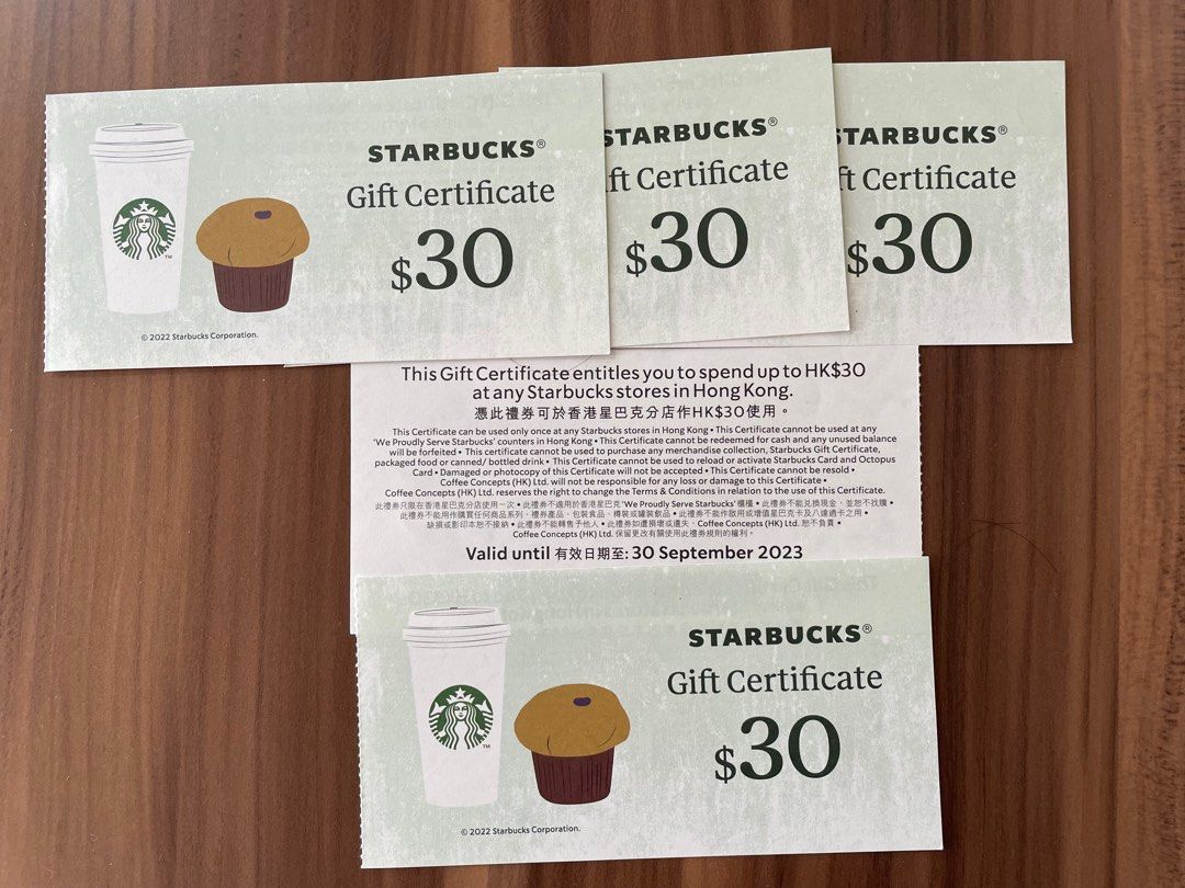 30 Starbucks gift certificate, 門票＆禮券, 兌換券 Carousell