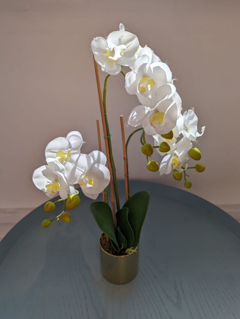 Artificial faux orchid flower plant in gold vase, Furniture & Home