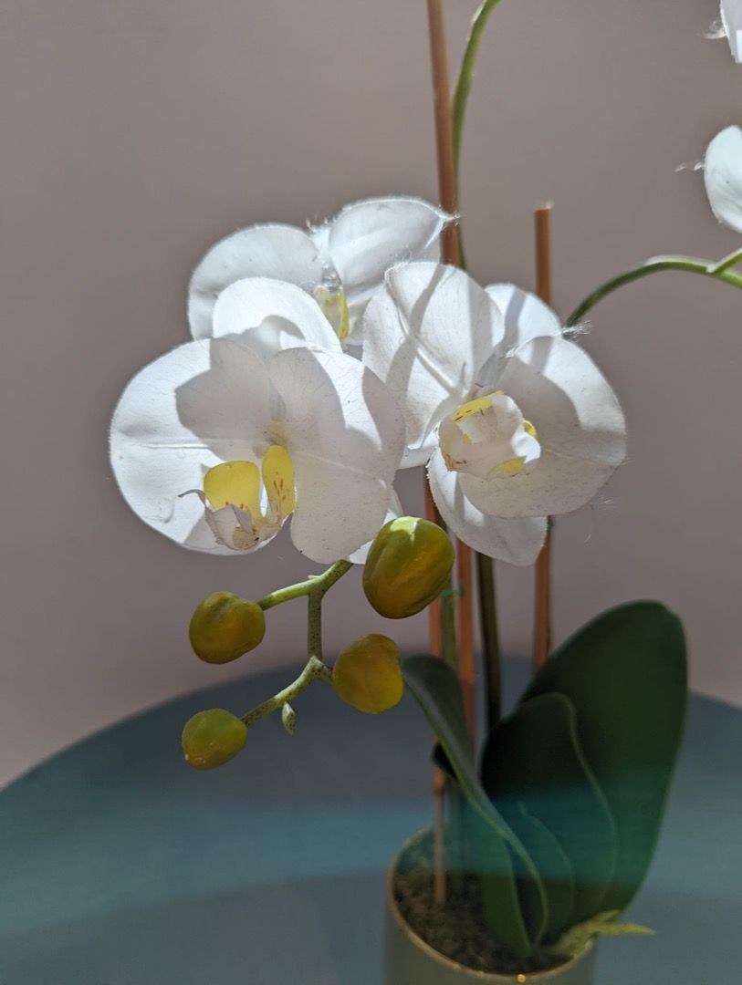 Artificial faux orchid flower plant in gold vase, Furniture & Home