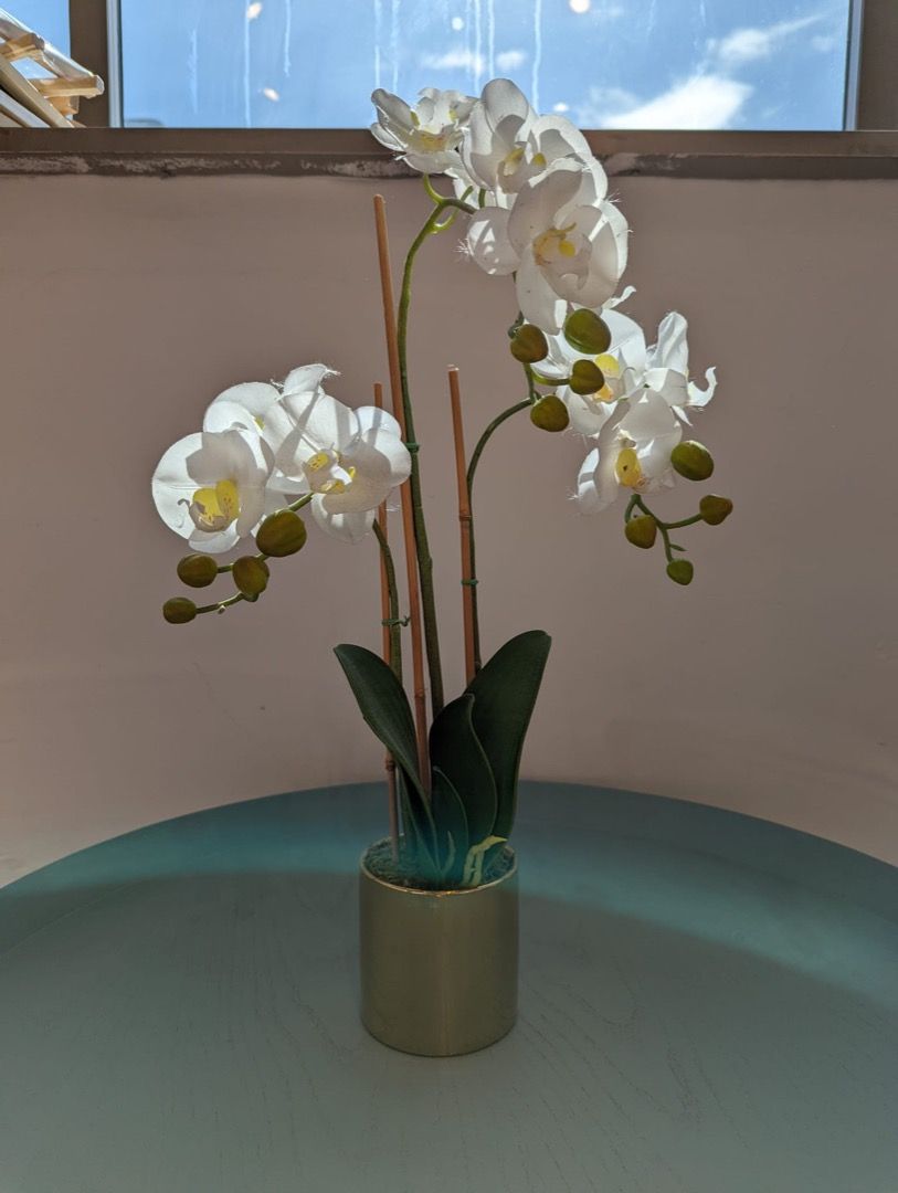 Artificial faux orchid flower plant in gold vase, Furniture & Home