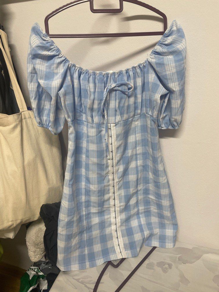 blue gingham milkmaid dress Women s Fashion Dresses Sets