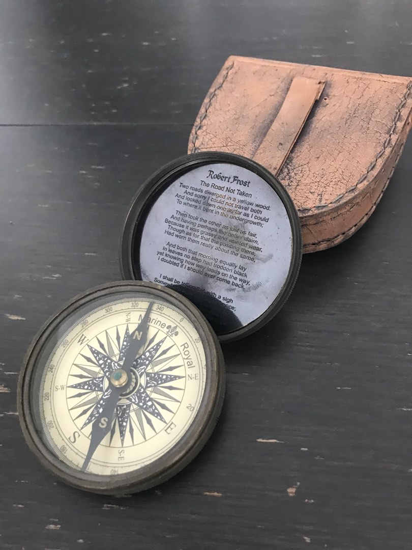 Brass Compass Robert Frost Poem with Leather Case The Road Not Taken