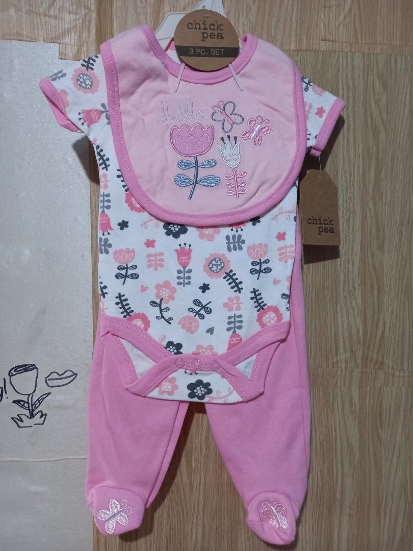 Chick pea 3 in 1 set baby girl outfit onesiebib and pajama, Babies