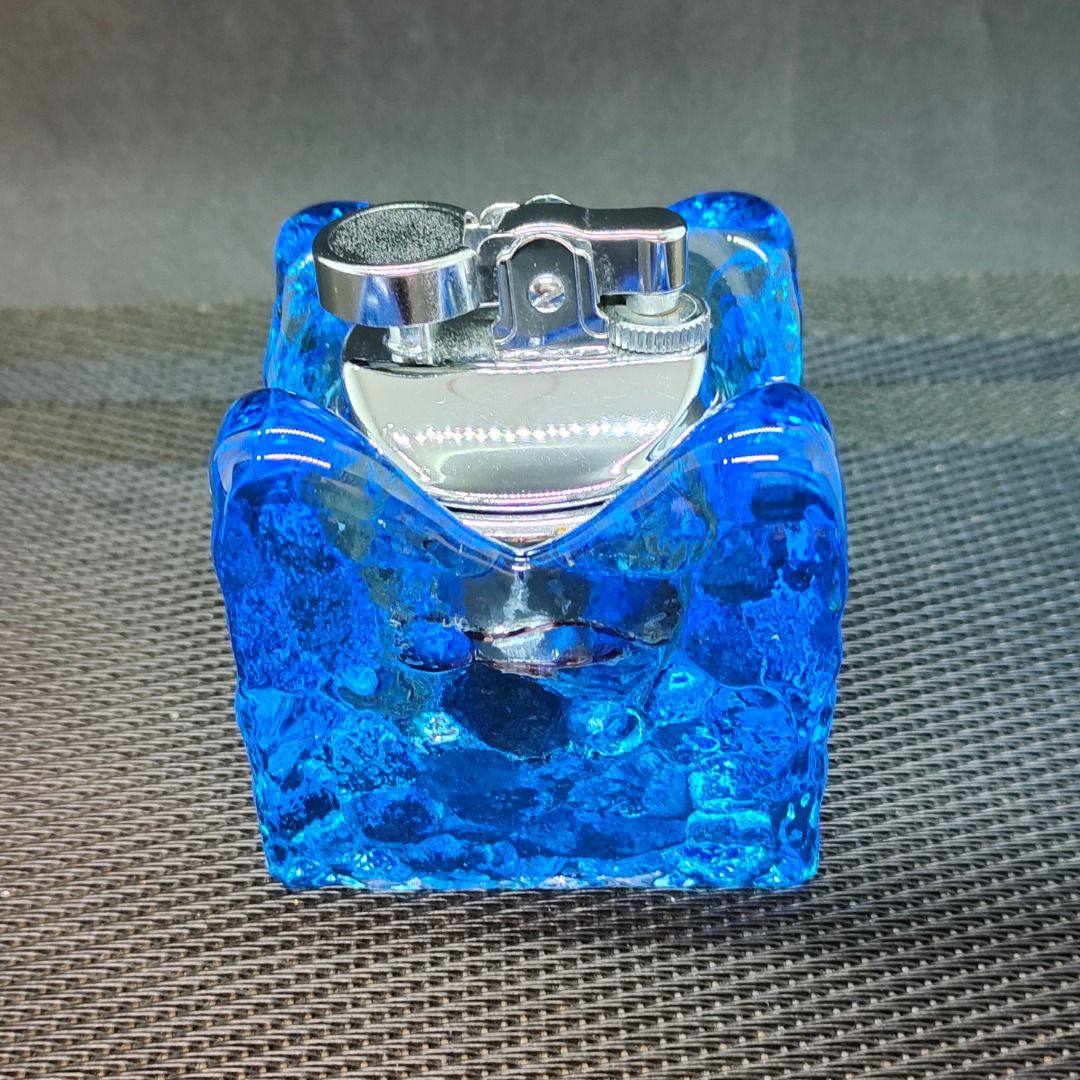 Cobalt Blue Glass Ice Cube Vintage 1960s Cigarette Table Lighter