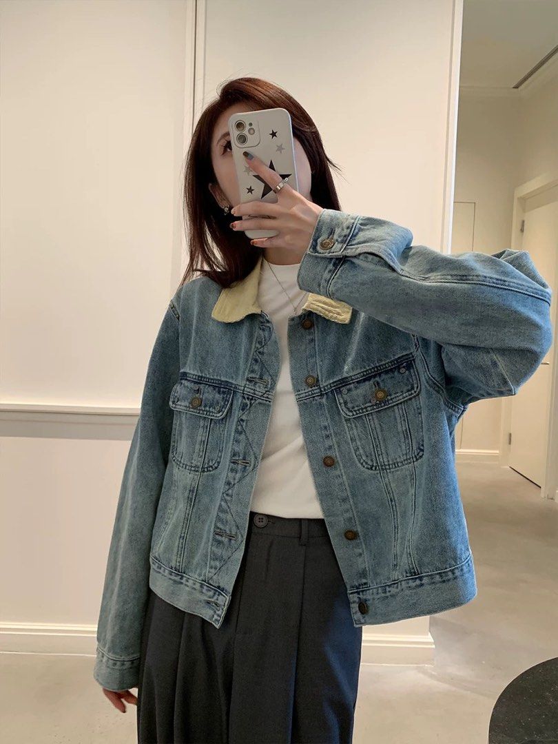 Denim Jacket with Corduroy Collar Women s Fashion Coats Jackets